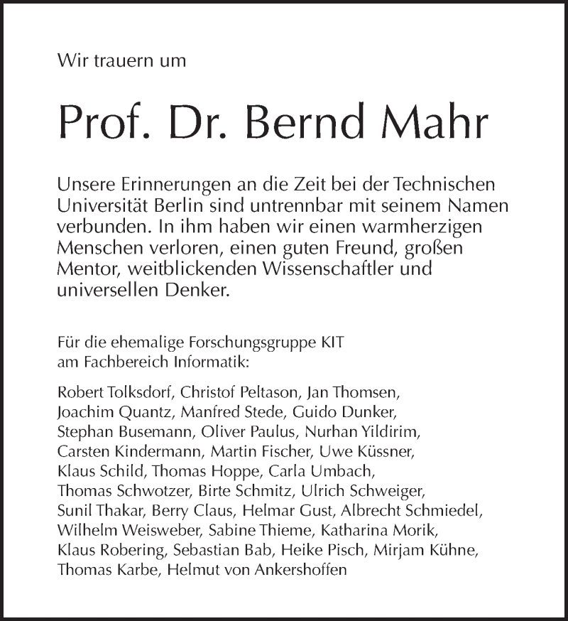  Traueranzeige für Bernd Mahr vom 19.04.2015 aus Tagesspiegel