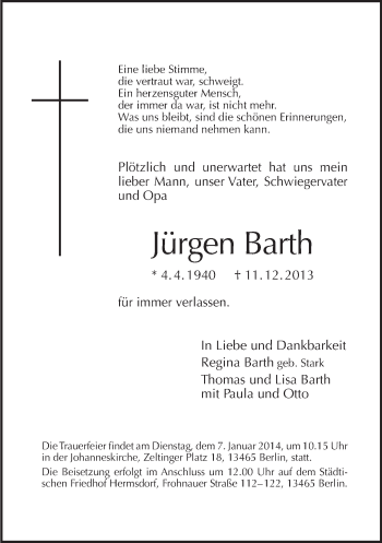 Traueranzeige von Jürgen Barth von Tagesspiegel