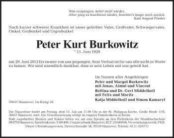 Traueranzeige von Peter Kurt Burkowitz von Tagesspiegel