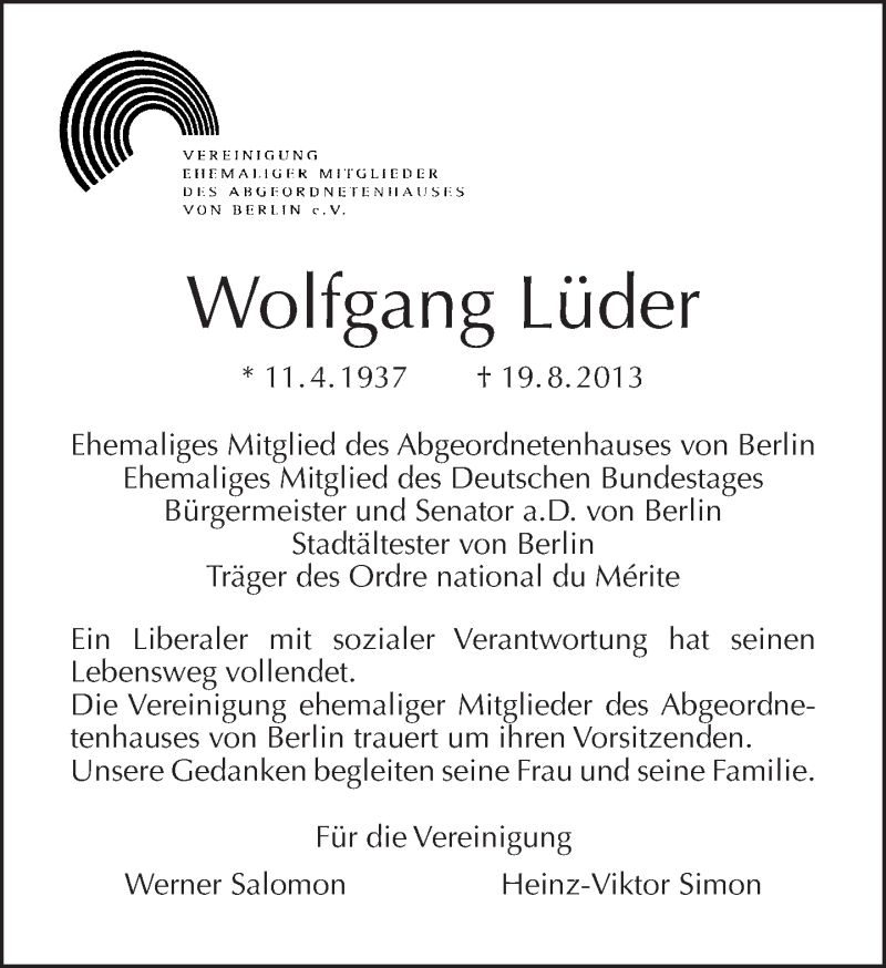  Traueranzeige für Wolfgang Lüder vom 25.08.2013 aus Tagesspiegel