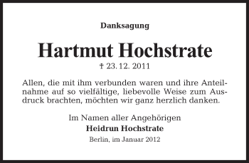 Traueranzeige von Hartmut Hochstrate von Tagesspiegel