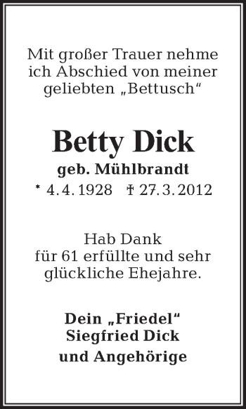 Traueranzeige von Betty Dick von Tagesspiegel