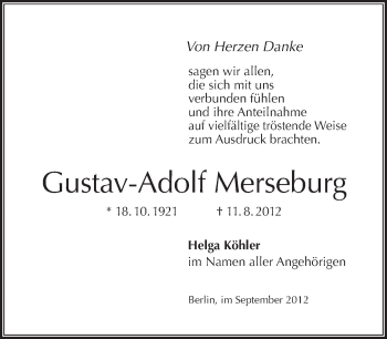 Traueranzeige von Gustav-Adolf Merseburg von Tagesspiegel