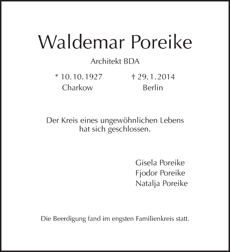  Traueranzeige für Waldemar Poreike vom 16.02.2014 aus Tagesspiegel