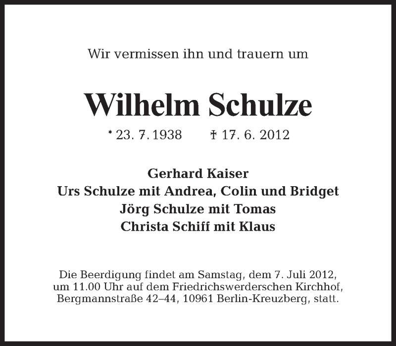  Traueranzeige für Wilhelm Schulze vom 01.07.2012 aus Tagesspiegel