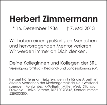Traueranzeige von Herbert Zimmermann von Tagesspiegel