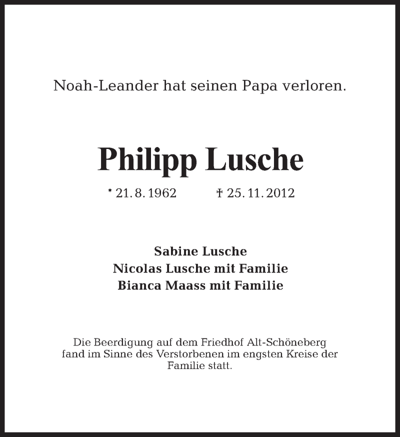  Traueranzeige für Philipp Lusche vom 02.12.2012 aus Tagesspiegel
