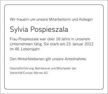 Traueranzeige von Sylvia Pospieszala von Tagesspiegel