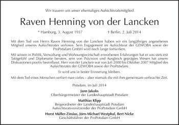 Traueranzeige von Raven Henning von der Lancken von Tagesspiegel