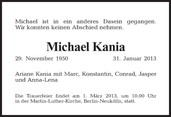 Traueranzeige von Michael Kania von Tagesspiegel