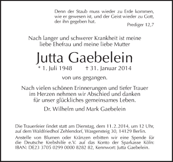 Traueranzeige von Jutta Gaebelein von Tagesspiegel