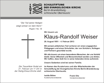 Traueranzeige von Klaus-Randolf Weiser von Tagesspiegel