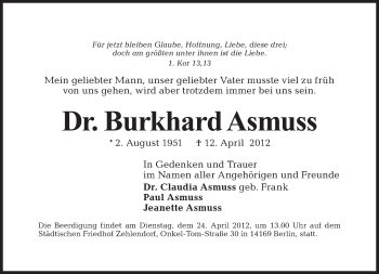 Traueranzeige von Burkhard Asmuss von Tagesspiegel