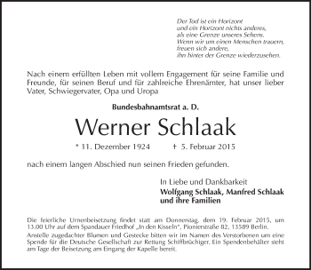 Traueranzeige von Werner Schlaak von Tagesspiegel