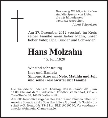 Traueranzeige von Hans Molzahn von Tagesspiegel