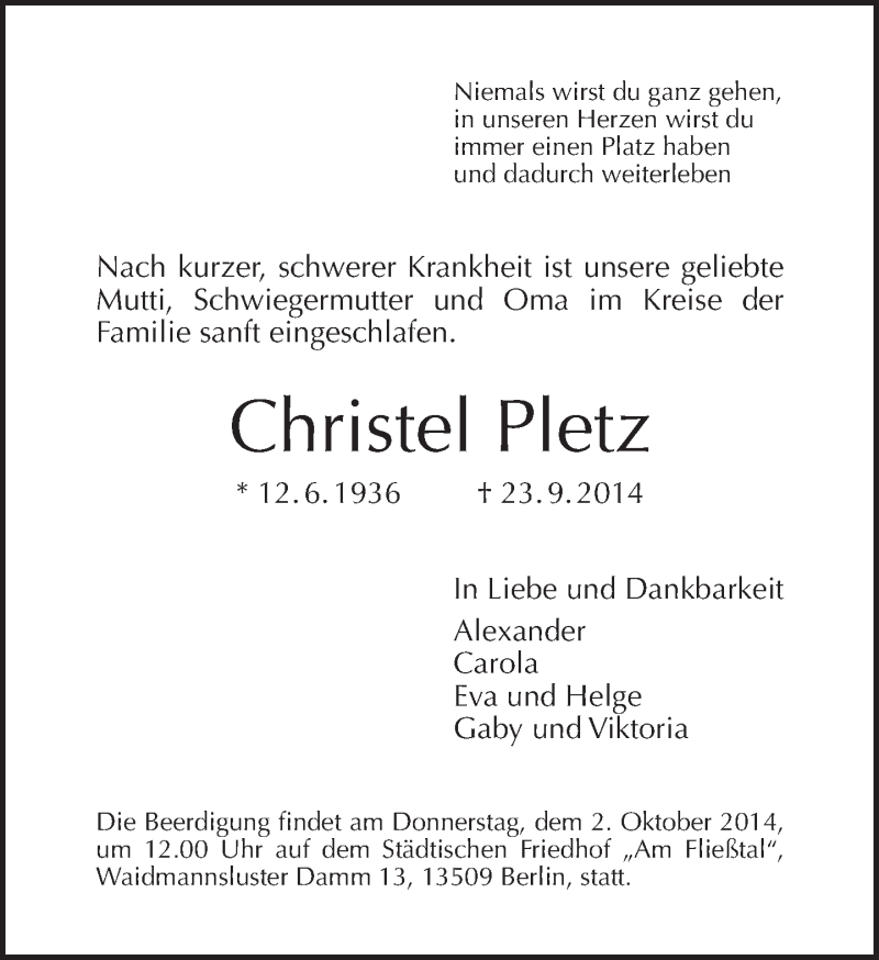  Traueranzeige für Christel Pletz vom 28.09.2014 aus Tagesspiegel