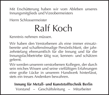 Traueranzeige von Ralf Koch von Tagesspiegel