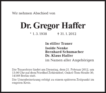 Traueranzeige von Gregor Haffer von Tagesspiegel