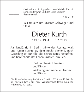 Traueranzeige von Dieter Kurth von Tagesspiegel
