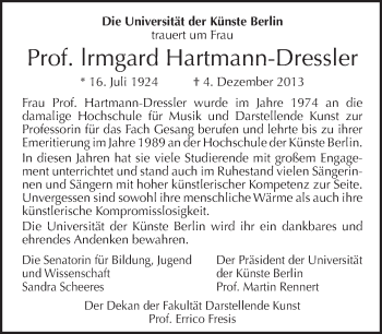 Traueranzeige von lrmgard Hartmann-Dressler von Tagesspiegel