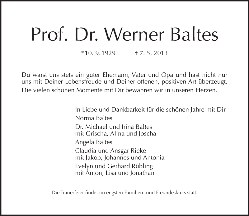  Traueranzeige für Werner Baltes vom 12.05.2013 aus Tagesspiegel