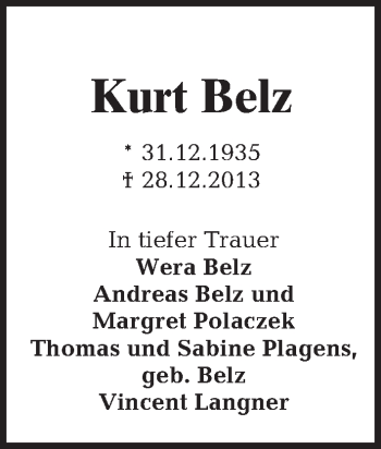 Traueranzeige von Kurt Belz von Tagesspiegel