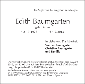 Traueranzeige von Edith Baumgarten von Tagesspiegel
