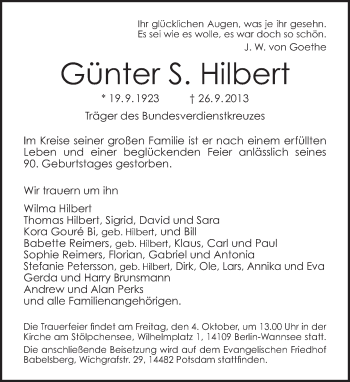 Traueranzeige von Günter S. Hilbert von Tagesspiegel