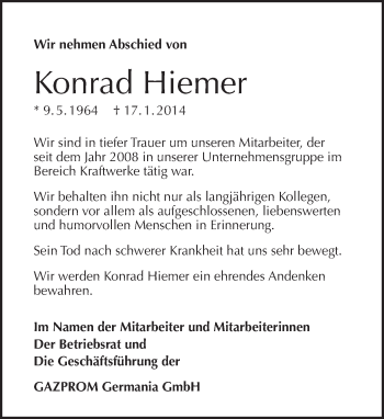 Traueranzeige von Konrad Hiemer von Tagesspiegel