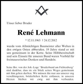 Traueranzeige von René Lehmann von Tagesspiegel