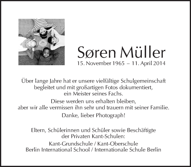  Traueranzeige für Søren Müller vom 20.04.2014 aus Tagesspiegel