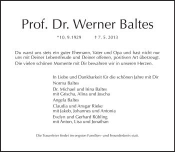 Traueranzeige von Werner Baltes von Tagesspiegel