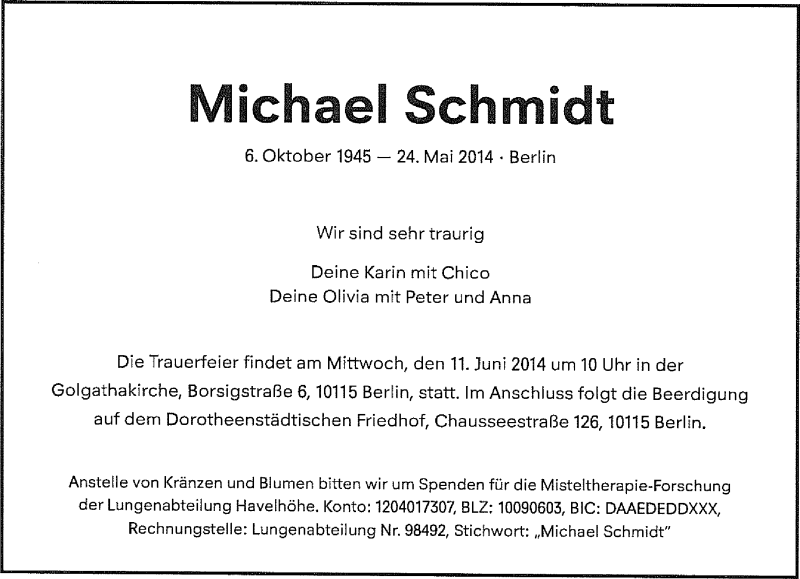  Traueranzeige für Michael Schmidt vom 01.06.2014 aus Tagesspiegel