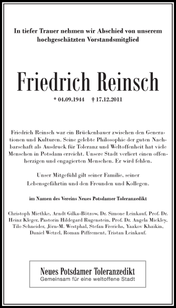 Traueranzeige von Friedrich Reinsch von Tagesspiegel