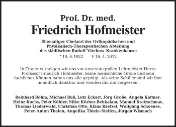 Traueranzeige von Friedrich Hofmeister von Tagesspiegel