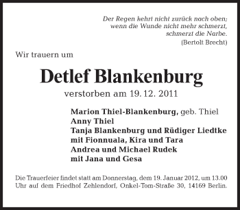 Traueranzeige von Detlef Blankenburg von Tagesspiegel