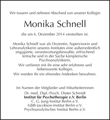 Traueranzeige von Monika Schnell von Tagesspiegel