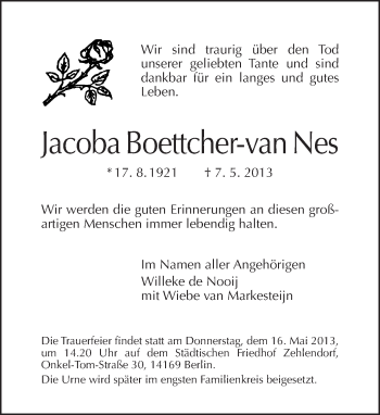 Traueranzeige von Jacoba Boettcher-van Nes von Tagesspiegel