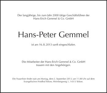 Traueranzeige von Hans-Peter Gemmel von Tagesspiegel