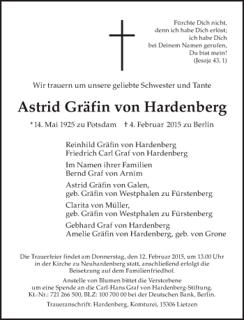 Traueranzeige von Astrid Gräfin von Hardenberg von Tagesspiegel