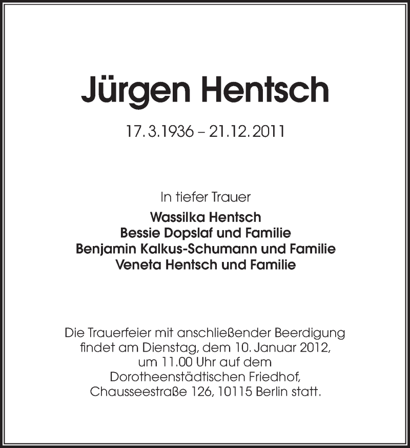  Traueranzeige für Jürgen Hentsch vom 04.01.2012 aus Tagesspiegel