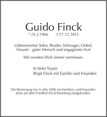 Traueranzeige von Guido Finck von Tagesspiegel