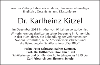 Traueranzeige von Karlheinz Kitzel von Tagesspiegel