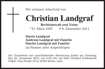 Traueranzeige von Christian Landgraf von Tagesspiegel