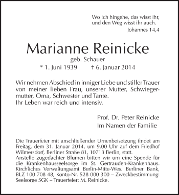 Traueranzeige von Marianne Reinicke von Tagesspiegel