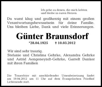 Traueranzeige von Günter Braunsdorf von Tagesspiegel