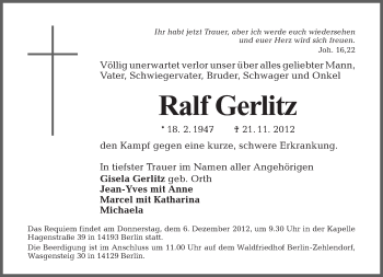 Traueranzeige von Ralf Gerlitz von Tagesspiegel