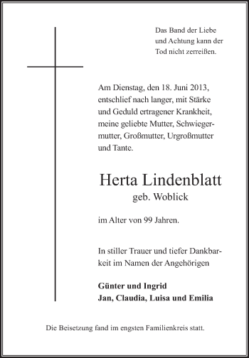 Traueranzeige von Herta Lindenblatt von Tagesspiegel