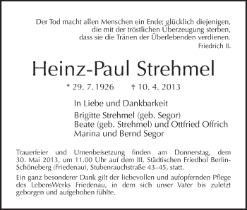 Traueranzeige von Heinz-Paul Strehmel von Tagesspiegel