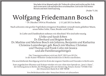 Traueranzeige von Wolfgang Friedemann Bosch von Tagesspiegel